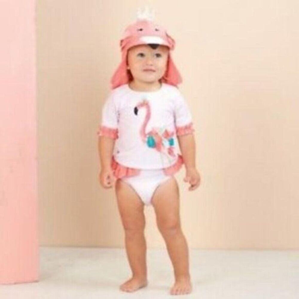 Pink & White Striped Flamingo Rash Guard Set Infant Girls Size 6 - 9 Months